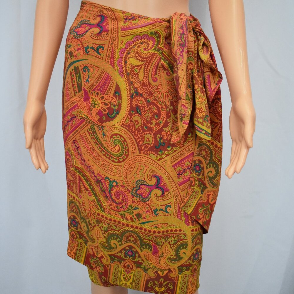 Vintage Linda Allard Ellen Tracy 100% Silk Paisley Wrap Skirt Size M Boho Hippie